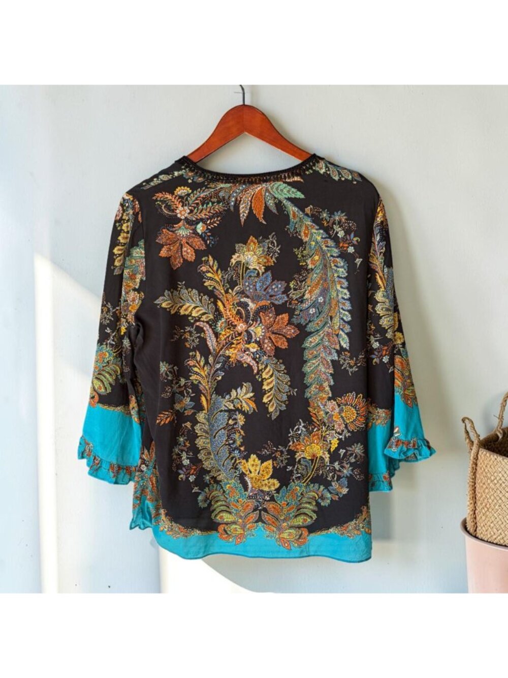Kobi Halperin Helen Silk Blouse Size L Black Paisley Boho Ruffle Sleeve Tie Neck - Picture 7 of 11